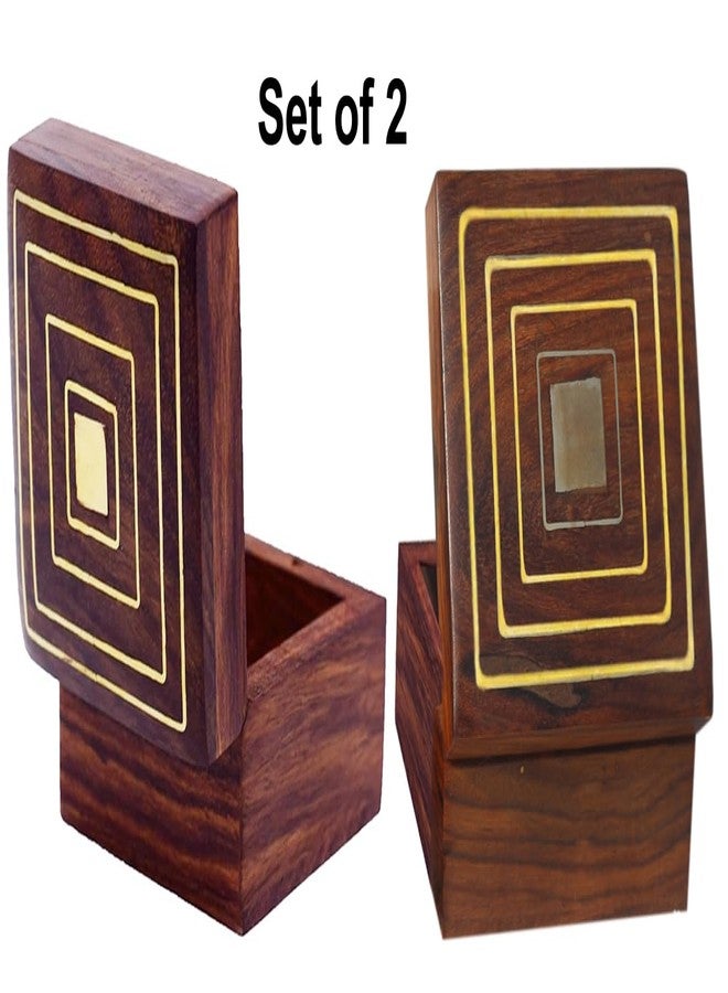 CRAFTCASTLE Handmade Wooden Jewellery Box for Women Wood Jewel Organizer Hand Carved with Brass Inlay Work Gift Items -[8x8x5 ] cm Set of 2pcs. - Image 2