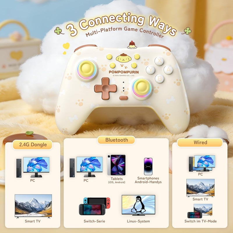 Kuitmor Pompompurin Dog Switch Pro Controller, Cute Hall Effect Wireless Gamepad No Drift for Switch 2/Switch/OLED/Lite, PC/Steam, Android, iOS, Bluetooth + Wired, Turbo, Back Buttons, 6-Aixs Gyro, Wake-up, RGB (Yellow, With Receiver) - Image 2