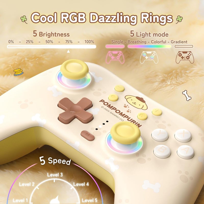 Kuitmor Pompompurin Dog Switch Pro Controller, Cute Hall Effect Wireless Gamepad No Drift for Switch 2/Switch/OLED/Lite, PC/Steam, Android, iOS, Bluetooth + Wired, Turbo, Back Buttons, 6-Aixs Gyro, Wake-up, RGB (Yellow, With Receiver) - Image 4