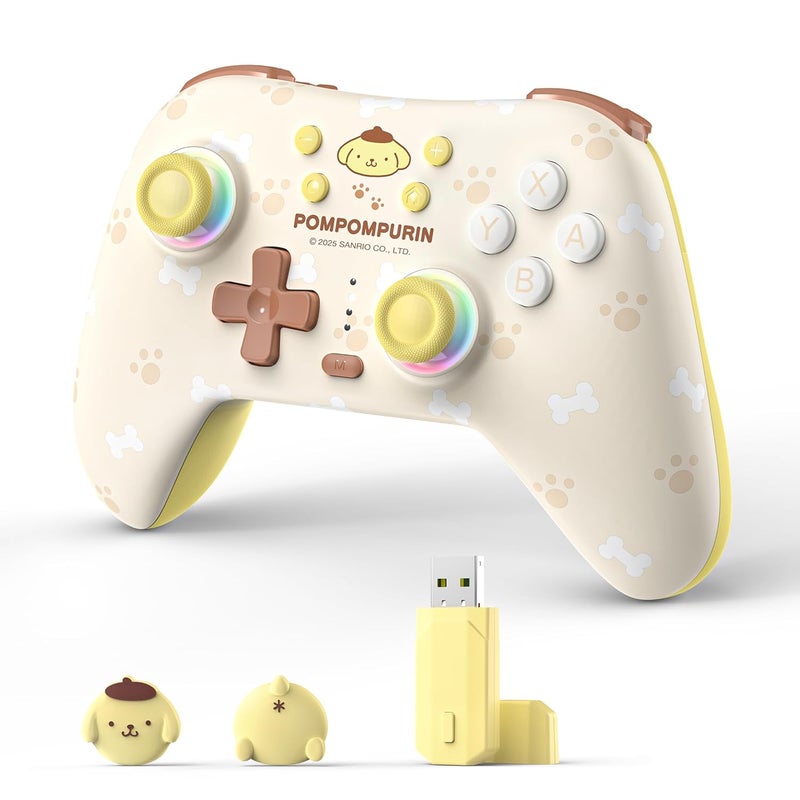 Kuitmor Pompompurin Dog Switch Pro Controller, Cute Hall Effect Wireless Gamepad No Drift for Switch 2/Switch/OLED/Lite, PC/Steam, Android, iOS, Bluetooth + Wired, Turbo, Back Buttons, 6-Aixs Gyro, Wake-up, RGB (Yellow, With Receiver) - Image 1