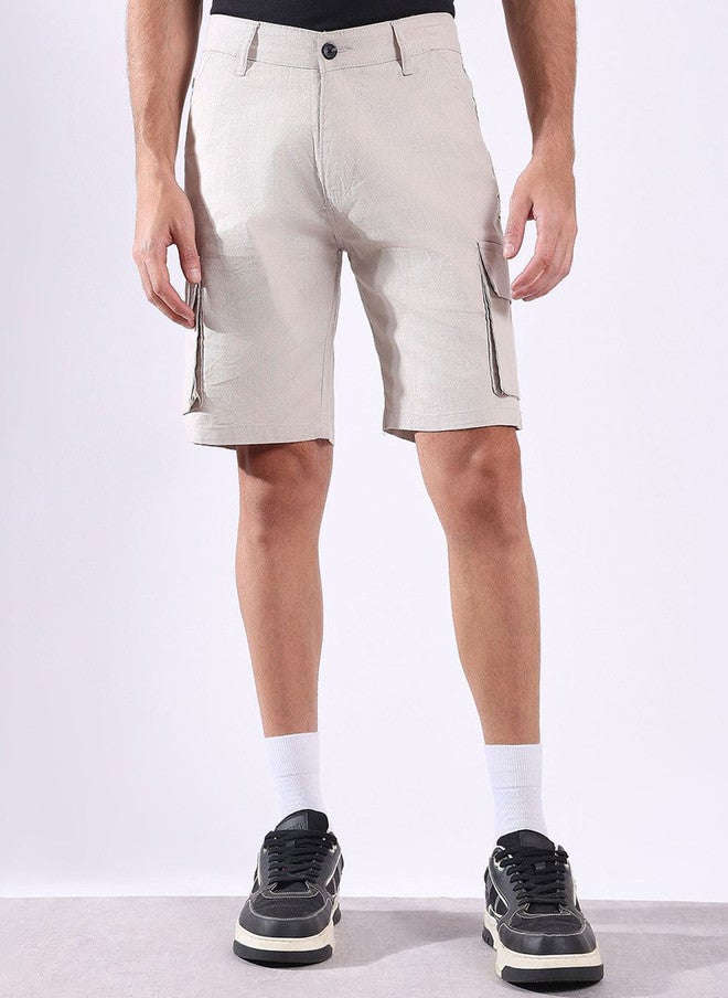 Hence Men Solid Self Design Linen Cargo Shorts - Image 1