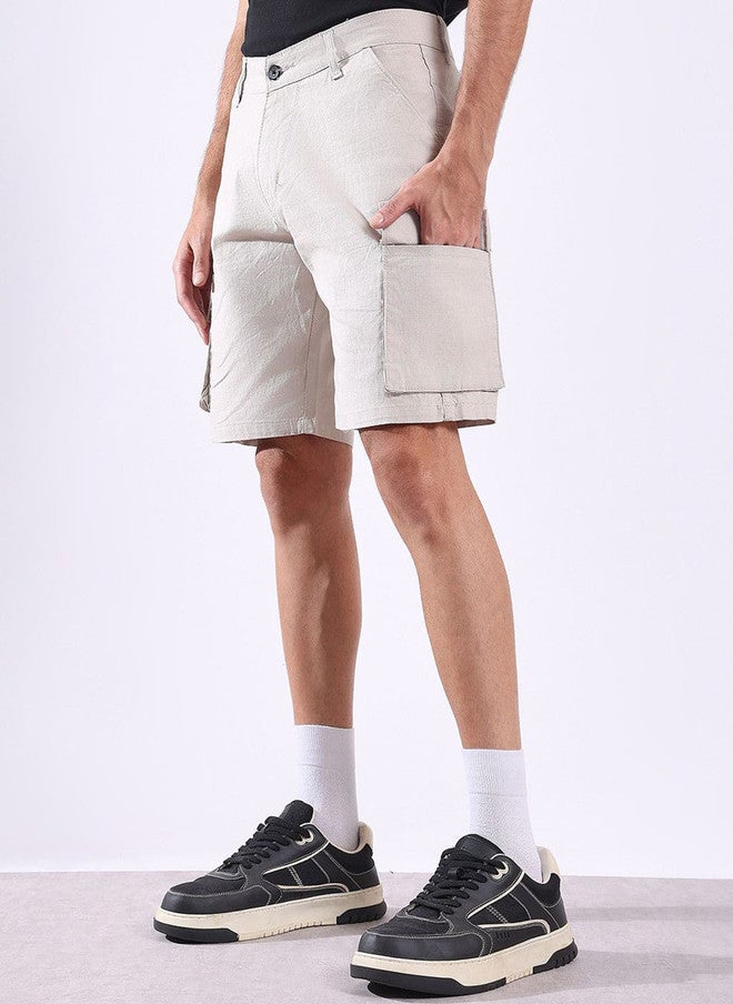 Hence Men Solid Self Design Linen Cargo Shorts - Image 3