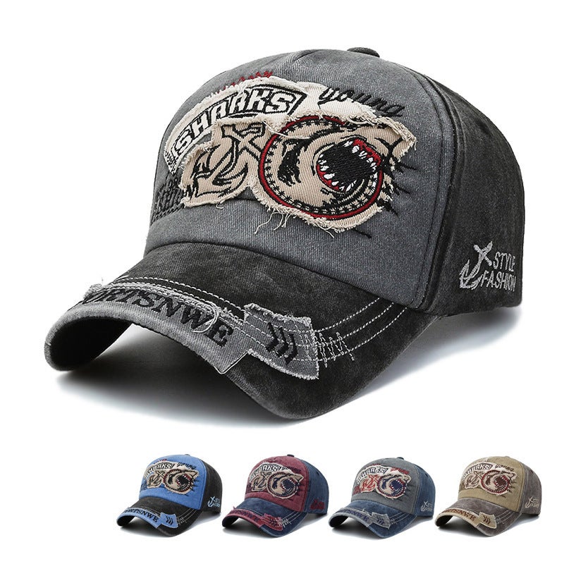 Washed Denim Patched Shark Baseball Cap Embroidery Vintage Sun Visor Hat - Image 1