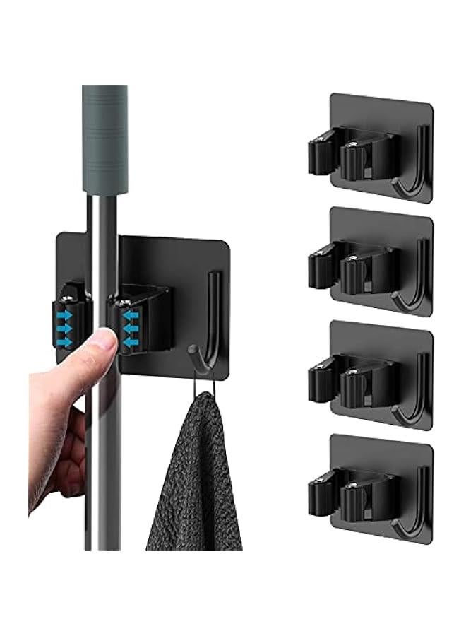 HOOKOR Mop Broom Holder No Drill, Mop Broom Organizer Wall Mounted Heavy Duty with Hooks Hanger, Self Adhesive Stainless Steel 4Pcs for Bathroom, Kitchen, Office (Black) - Image 1