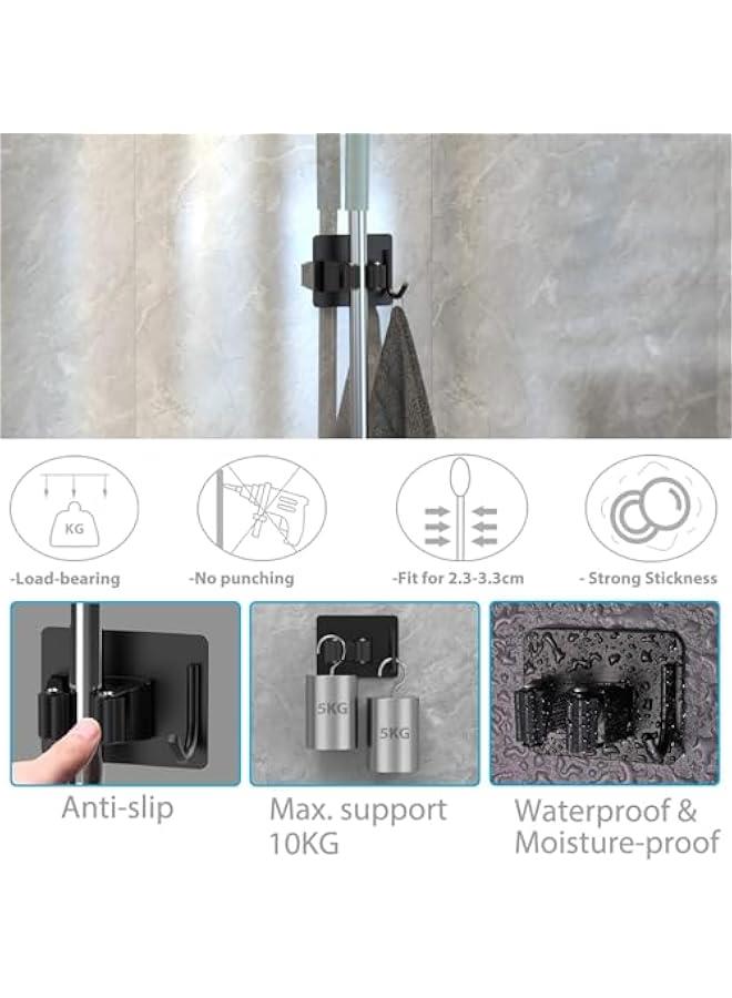 HOOKOR Mop Broom Holder No Drill, Mop Broom Organizer Wall Mounted Heavy Duty with Hooks Hanger, Self Adhesive Stainless Steel 4Pcs for Bathroom, Kitchen, Office (Black) - Image 3