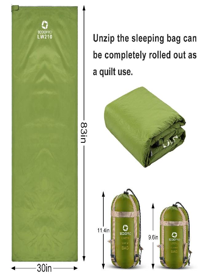 ECOOPRO ECOOPRO Warm Weather Sleeping Bag - Portable, Waterproof, Compact Lightweight, Comfort with Compression Sack - Great for Outdoor Camping, Backpacking & Hiking-83 L x 30" W Fits Adults (C-Olive Green) - Image 3