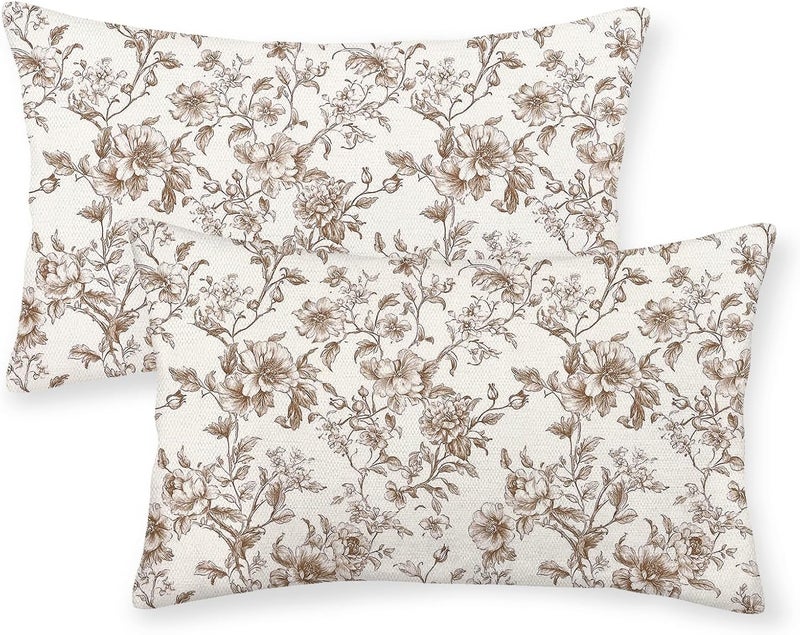 GOLIANDA Brown Pillow Covers 12x20 Inch Set of 2 Chinoiserie Floral Throw Pillows Vintage Rustic Toile Flower Decorative Pillow Cases Outdoor Chinoiserie Decor Lumbar Cushion Case for Couch Sofa Bed - Image 1