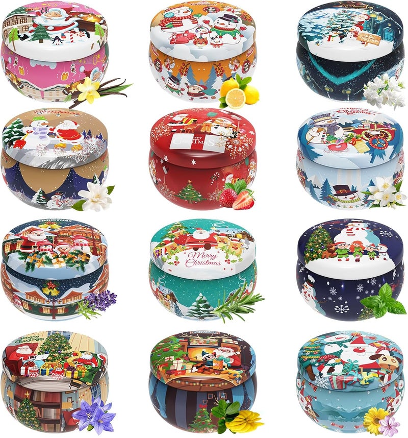 Primevolve Christmas Candles Gifts for Women, Scented Candles Set for 12 Bulk Home Aromatherapy, Strongly Fragrance Long Lasting Portable Travel Tin for Spa Bath Yoga - Image 1