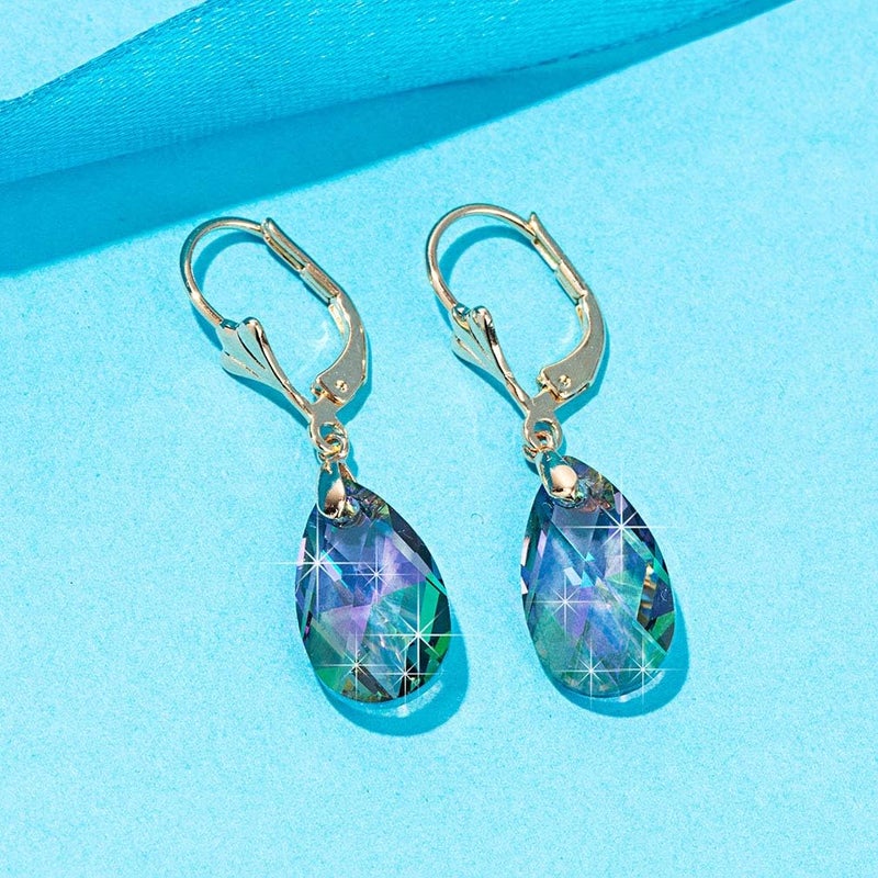 EVEVIC أقراط دائرية من كريستال النمسا مع تصميم ليفر باك للنساء موضة مطلية بالذهب عيار 14K مجوهرات مضادة للحساسية (قوس قزح) - Image 5