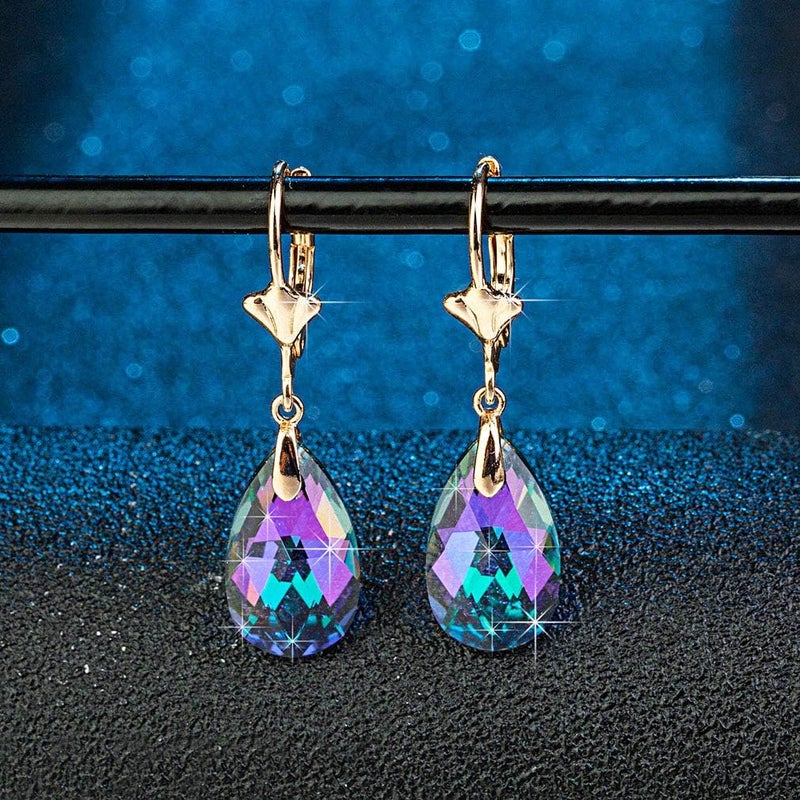 EVEVIC أقراط دائرية من كريستال النمسا مع تصميم ليفر باك للنساء موضة مطلية بالذهب عيار 14K مجوهرات مضادة للحساسية (قوس قزح) - Image 3