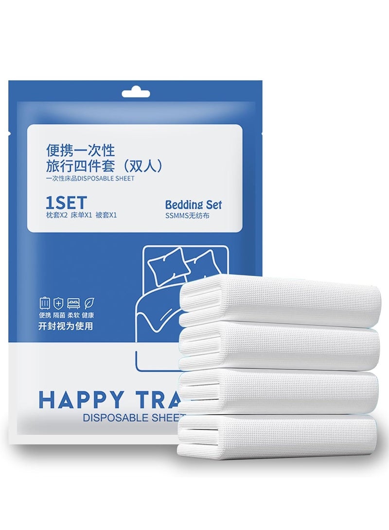 KASTWAVE Disposable Sheet and Pillowcase Set, Hotel, Camping Portable 4 Pcs Double Bed Travel Hygiene Set, Soft, Eco-Friendly, Wash-Free Bedding Set, 1 Quilt Covers, 1 Bed Sheet and 2 Pillow Cases - Image 1