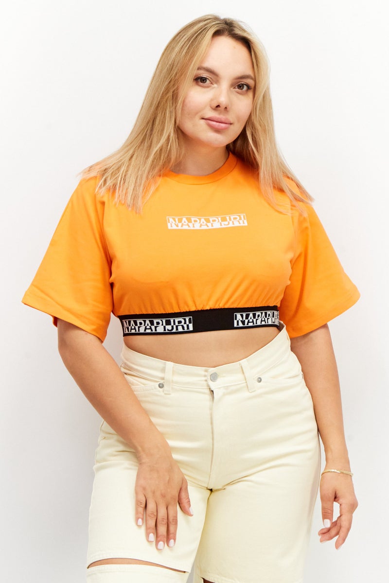 Napapijri Women Round Neck Short Sleeve Cropped T-Shirt, Orange - Image 1