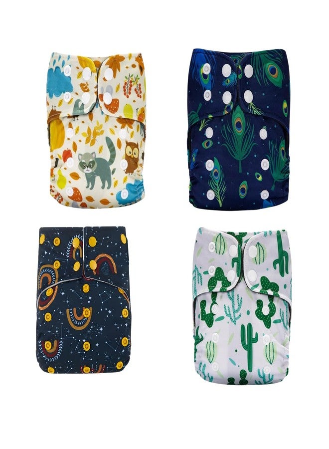 MOMSARC Assorted Pack of 4, Washable Cotton Diaper for New Born, 4 Cloth Diapers + 4 Insert Pads, Freesize Adjustable and Reusable Cloth Diaper for babies 0-3 Year, Multicolor Cloth Nappy for Newborn - Image 1