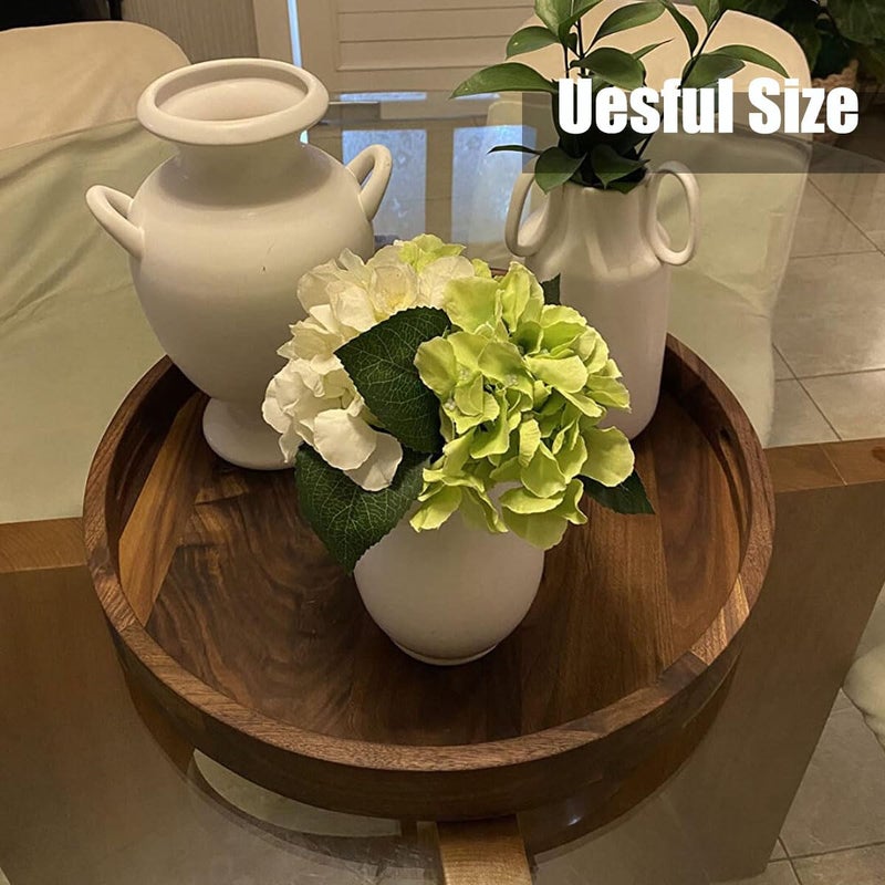 MAGIGO 18 Inches Extra Large Round Black Walnut Wood Ottoman Tray with Handles, Serve Tea, Coffee or Breakfast in Bed, Classic Circular Wooden Decorative Serving Tray - Image 5