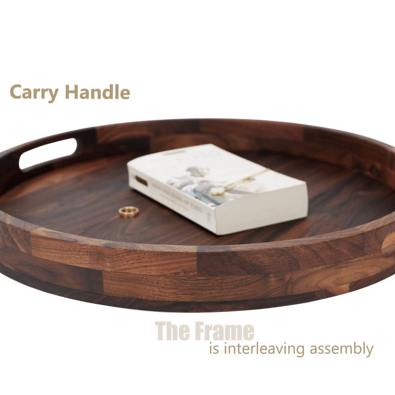 MAGIGO 18 Inches Extra Large Round Black Walnut Wood Ottoman Tray with Handles, Serve Tea, Coffee or Breakfast in Bed, Classic Circular Wooden Decorative Serving Tray - Image 3