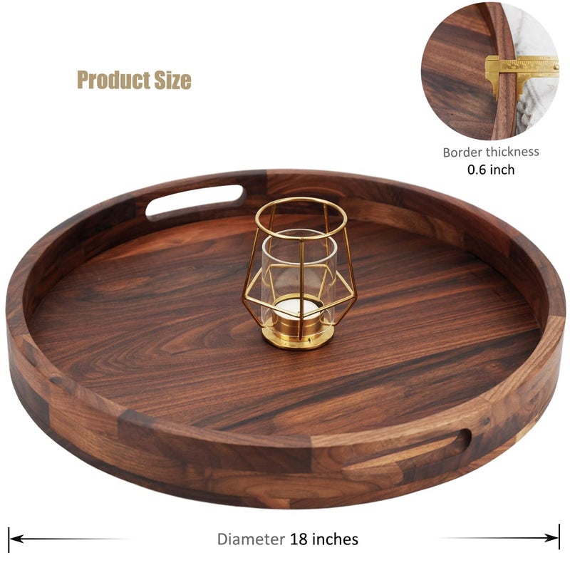 MAGIGO 18 Inches Extra Large Round Black Walnut Wood Ottoman Tray with Handles, Serve Tea, Coffee or Breakfast in Bed, Classic Circular Wooden Decorative Serving Tray - Image 2