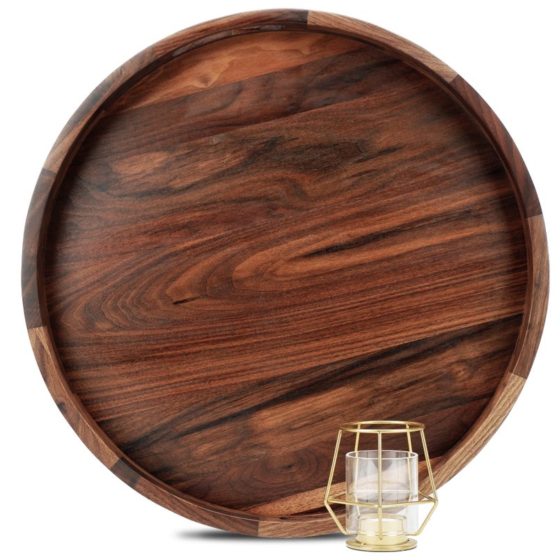 MAGIGO 18 Inches Extra Large Round Black Walnut Wood Ottoman Tray with Handles, Serve Tea, Coffee or Breakfast in Bed, Classic Circular Wooden Decorative Serving Tray - Image 1