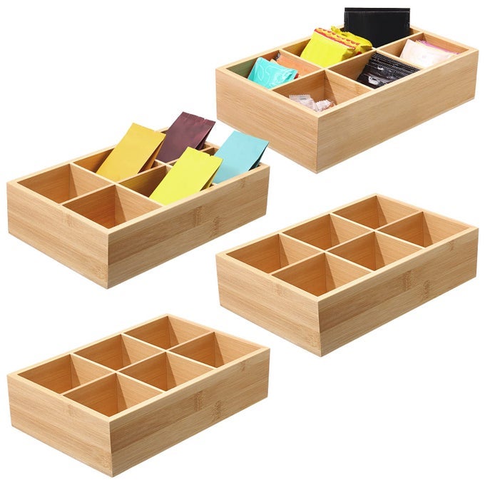 4 PCS BAMBOO DIVIDED STORAGE ORGANIZER BAMBOO CONTAINER WITH 6 COMPARTMENTS FOOD STORAGE BIN WOODEN TEA DRAWER BOX BIN HOLDER CASE FOR SNACKS TEA BAGS COFFEE SUGAR