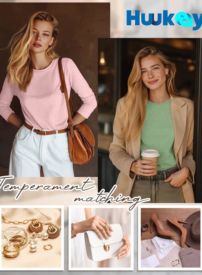 Huukeay 5 Pack Women's Crew Neck Long Sleeve Shirts, Cotton Blend Loose Fit Casual Clothes Workout Basic Tee Tops Multipack, Heather Gray, Light Coffee, Light Green, Light Pink, Haze Blue, XL - Image 5