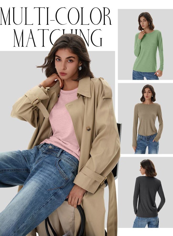 Huukeay 5 Pack Women's Crew Neck Long Sleeve Shirts, Cotton Blend Loose Fit Casual Clothes Workout Basic Tee Tops Multipack, Heather Gray, Light Coffee, Light Green, Light Pink, Haze Blue, XL - Image 4