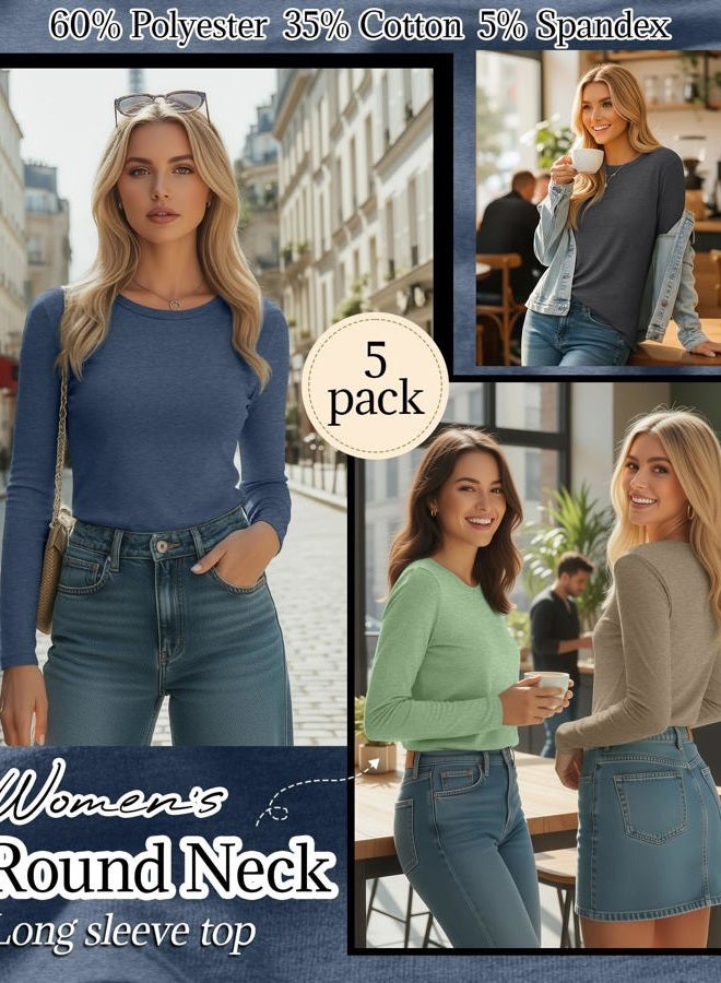 Huukeay 5 Pack Women's Crew Neck Long Sleeve Shirts, Cotton Blend Loose Fit Casual Clothes Workout Basic Tee Tops Multipack, Heather Gray, Light Coffee, Light Green, Light Pink, Haze Blue, XL - Image 2