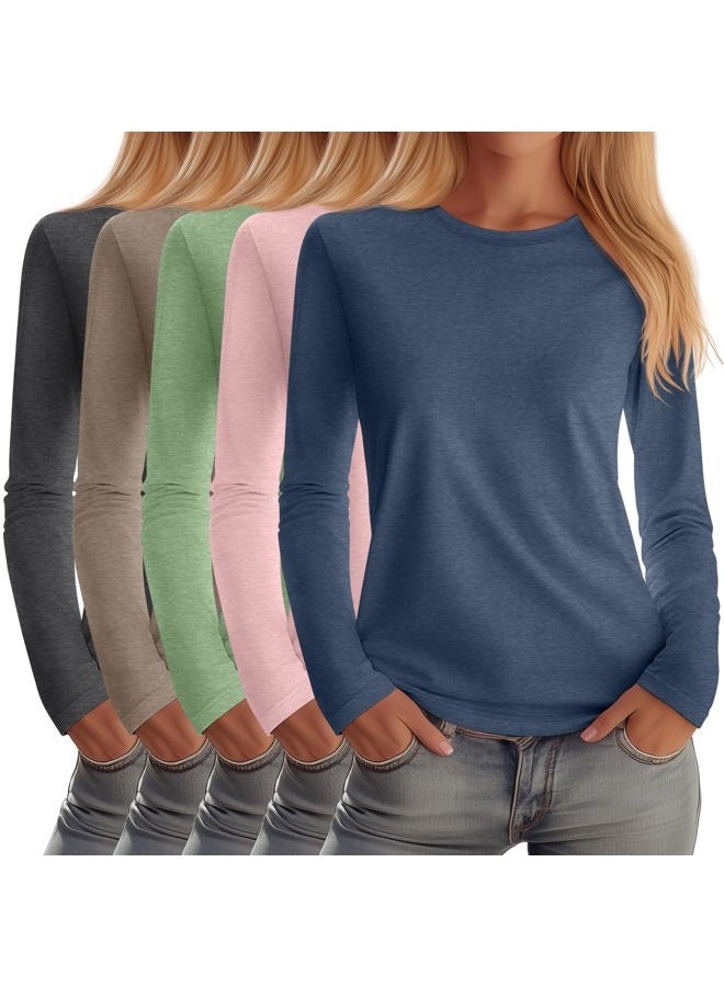 Huukeay 5 Pack Women's Crew Neck Long Sleeve Shirts, Cotton Blend Loose Fit Casual Clothes Workout Basic Tee Tops Multipack, Heather Gray, Light Coffee, Light Green, Light Pink, Haze Blue, XL - Image 1