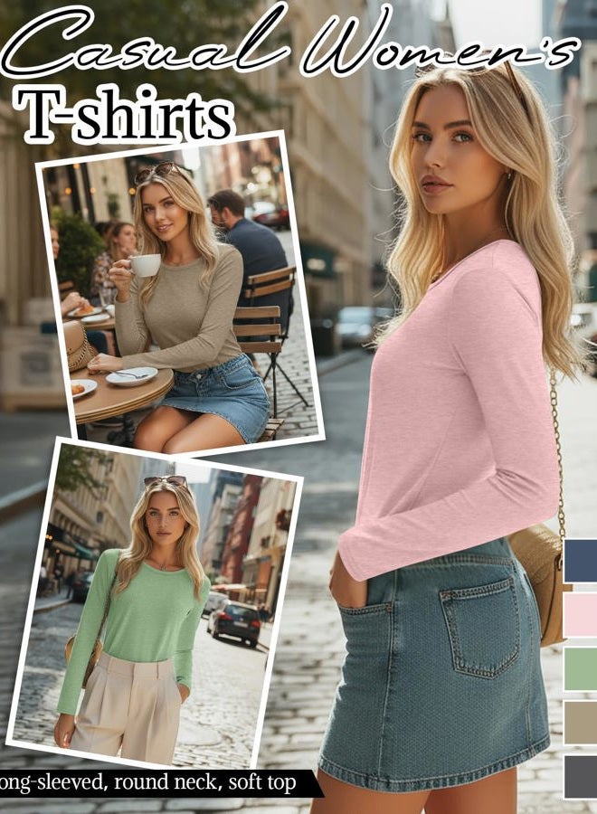 Huukeay 5 Pack Women's Crew Neck Long Sleeve Shirts, Cotton Blend Loose Fit Casual Clothes Workout Basic Tee Tops Multipack, Heather Gray, Light Coffee, Light Green, Light Pink, Haze Blue, XL - Image 3