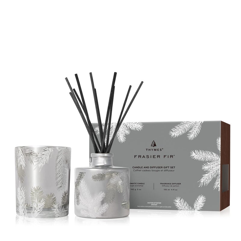Thymes Frasier Fir Statement Candle and Diffuser Gift Set  Holiday Home Decor  Notes of Siberian Fir Cedarwood and Sandalwood  Silver 4 fl oz Petite Diffuser  5 oz Candle