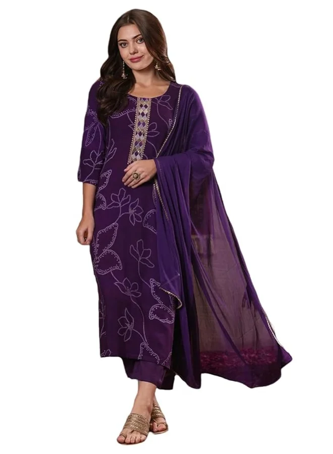 GoSriKi Women's Cotton Blend Straight Printed Kurta with Pant & Dupatta (MANINI BEGANI-VKS01-GS_L_Begani_Large)