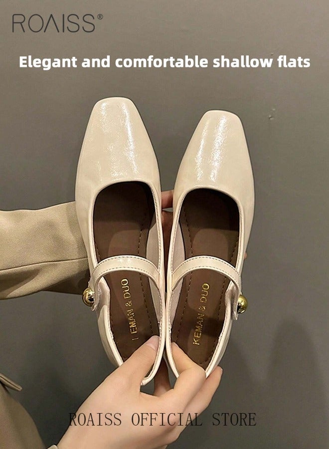 roaiss Retro Style Square Toe Mary Jane Shoes for Women Comfortable Soft Sole Solid Formal Evening Shoes Ladies Slip On Closed Square Toe Leather Flat Shoes with Buckle Straps Athleisure Shoes Beige - Image 4