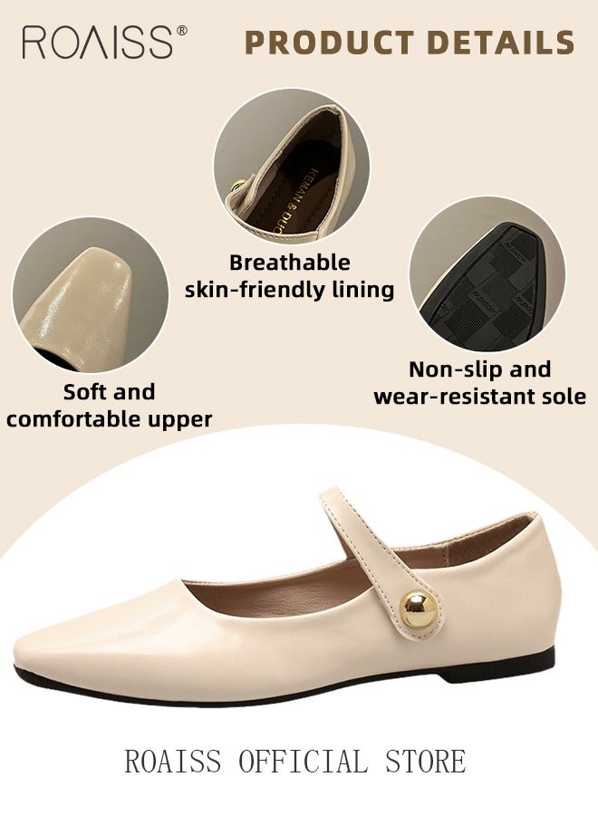 roaiss Retro Style Square Toe Mary Jane Shoes for Women Comfortable Soft Sole Solid Formal Evening Shoes Ladies Slip On Closed Square Toe Leather Flat Shoes with Buckle Straps Athleisure Shoes Beige - Image 5
