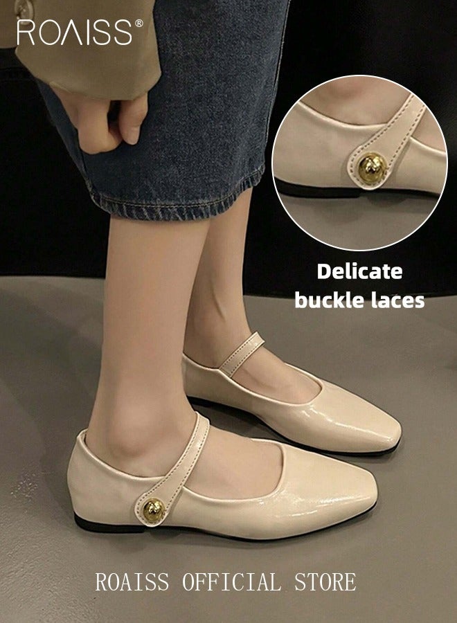 roaiss Retro Style Square Toe Mary Jane Shoes for Women Comfortable Soft Sole Solid Formal Evening Shoes Ladies Slip On Closed Square Toe Leather Flat Shoes with Buckle Straps Athleisure Shoes Beige - Image 2