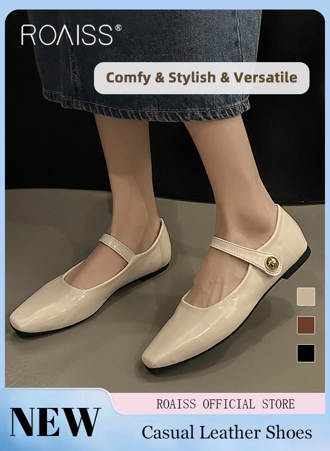 roaiss Retro Style Square Toe Mary Jane Shoes for Women Comfortable Soft Sole Solid Formal Evening Shoes Ladies Slip On Closed Square Toe Leather Flat Shoes with Buckle Straps Athleisure Shoes Beige - Image 1