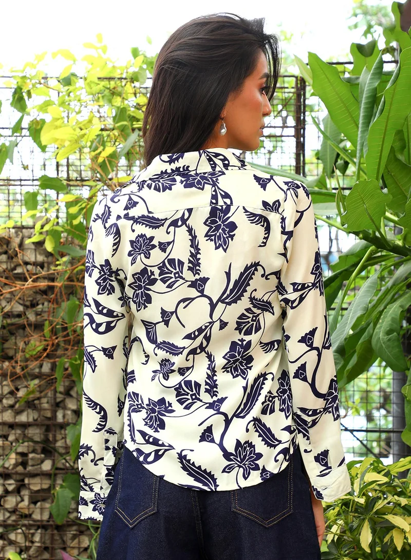 Pinacolada Women's Off-White & Navy Blue Botanical Block Shirt Women's Off-White & Navy Blue Botanical Block Shirt  | Best Price UAE