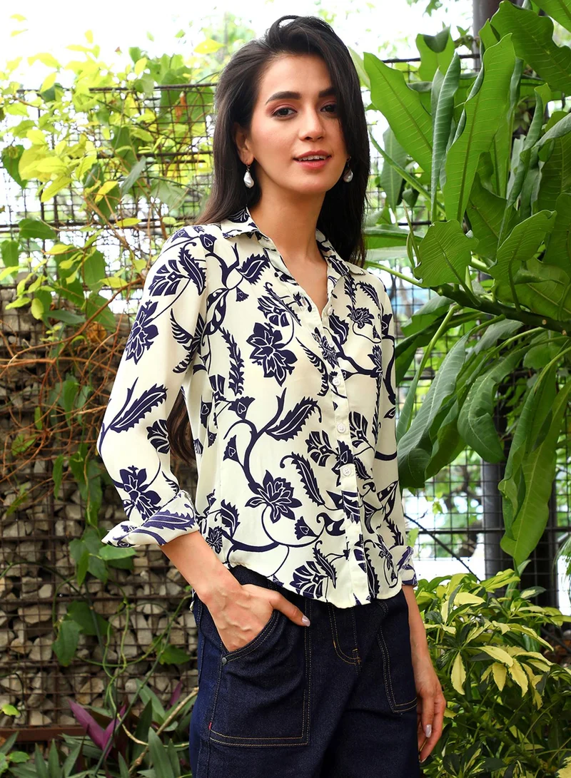 Pinacolada Women's Off-White & Navy Blue Botanical Block Shirt Women's Off-White & Navy Blue Botanical Block Shirt  | Best Price UAE
