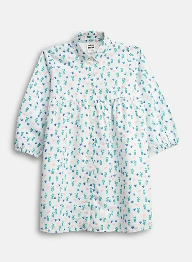 Bonkids Girl's White & Multicolour 100% Cotton Printed Regular Fit Dress