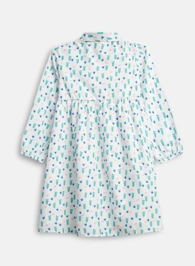 Bonkids Girl's White & Multicolour 100% Cotton Printed Regular Fit Dress