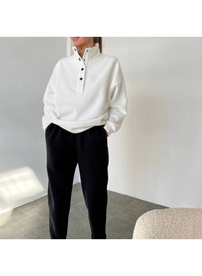 NIBEMINENT Fashion Button-up Stand Collar Long-sleeved Sweatshirt Top + Cuffed Pants 2-piece Set Women Pure Color Casual Autumn Suit Female - Image 3