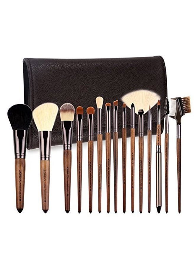 Zoreya - Makeup Brush Set, 15pcs Unique Walnut Makeup Brushes with Vegan Leather Bag, Professional No Shed Tan Makeup Brushes - Image 1