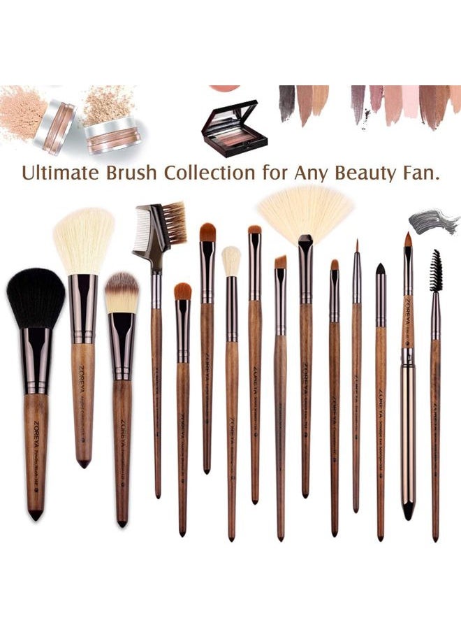 Zoreya - Makeup Brush Set, 15pcs Unique Walnut Makeup Brushes with Vegan Leather Bag, Professional No Shed Tan Makeup Brushes - Image 1