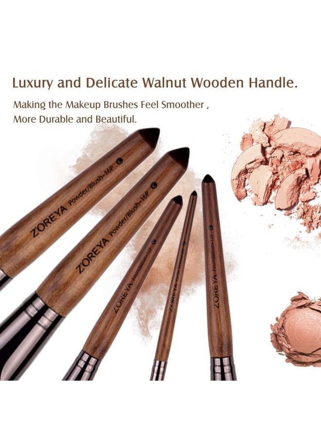 Zoreya - Makeup Brush Set, 15pcs Unique Walnut Makeup Brushes with Vegan Leather Bag, Professional No Shed Tan Makeup Brushes - Image 1