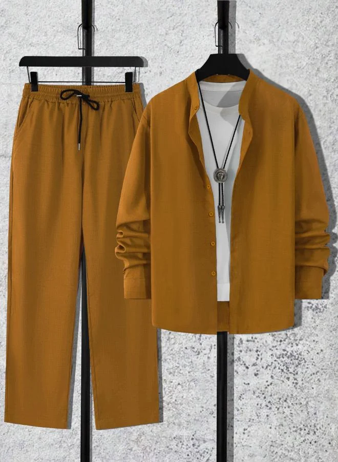 Take Two Men Copper Stand Collar Shirt and Pants Co-Ords