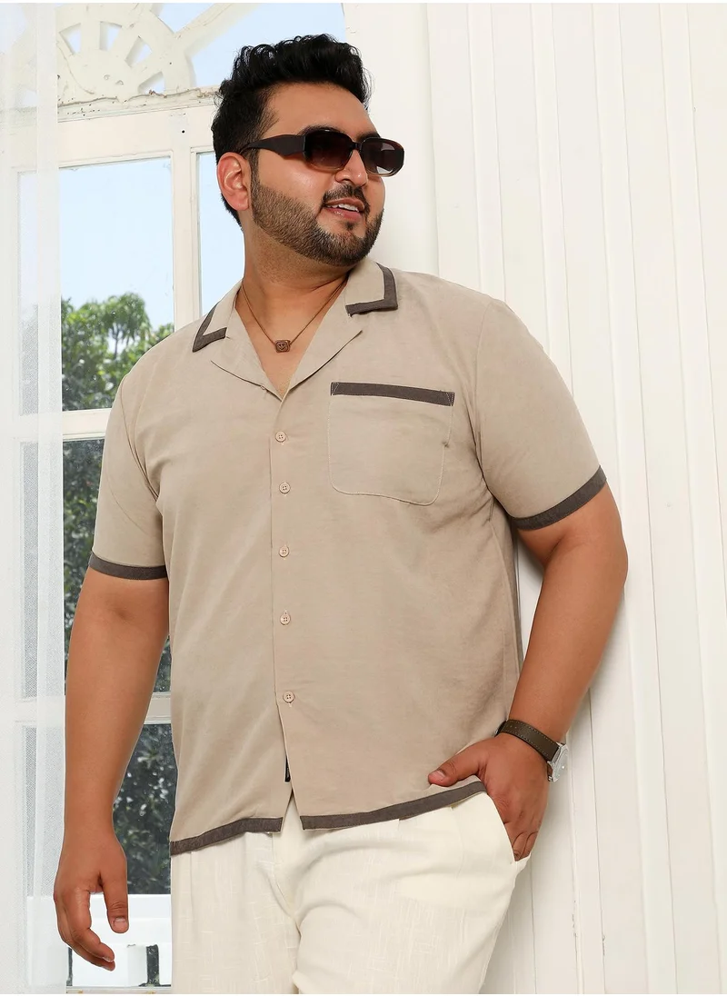 انستافاب بلس Instafab Plus Men's Khaki Beige Contrast-Cuban Shirt For Casual Wear | Cuban Collar | Short Regular Sleeves | Button Closure | Plus Size Shirt Crafted With Comfort Fit For Everyday Wear