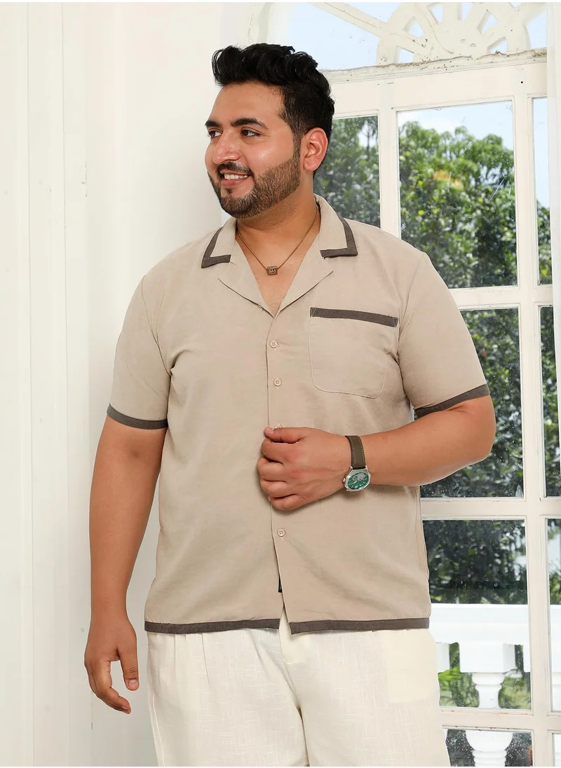انستافاب بلس Instafab Plus Men's Khaki Beige Contrast-Cuban Shirt For Casual Wear | Cuban Collar | Short Regular Sleeves | Button Closure | Plus Size Shirt Crafted With Comfort Fit For Everyday Wear