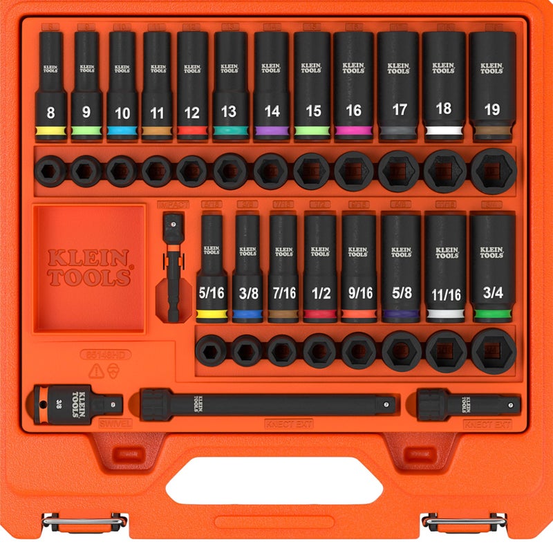 Klein Tools 65148HD KNECT DeepWell and Shallow Impact Socket Set 38Inch Drive SAE and Metric 44Piece Tool Set Impact Driver Swivel Adapter Wrench Extensions Removable Socket Organizer - Image 2