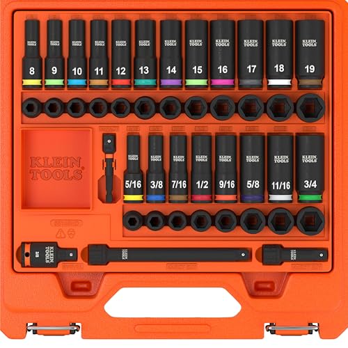 Klein Tools 65148HD KNECT DeepWell and Shallow Impact Socket Set 38Inch Drive SAE and Metric 44Piece Tool Set Impact Driver Swivel Adapter Wrench Extensions Removable Socket Organizer - Image 1