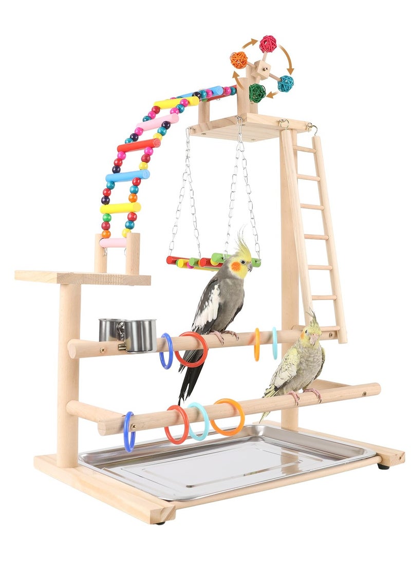 XiuWoo Bird Playground, Perch Stand Parrot Playstand Play Gym with 2 Perches Stand Windmill Toys, Playpen for Parakeet Conure Cockatiel Lovebird Budgie Caique, Exercise Playgym with feeding Cups - Image 1