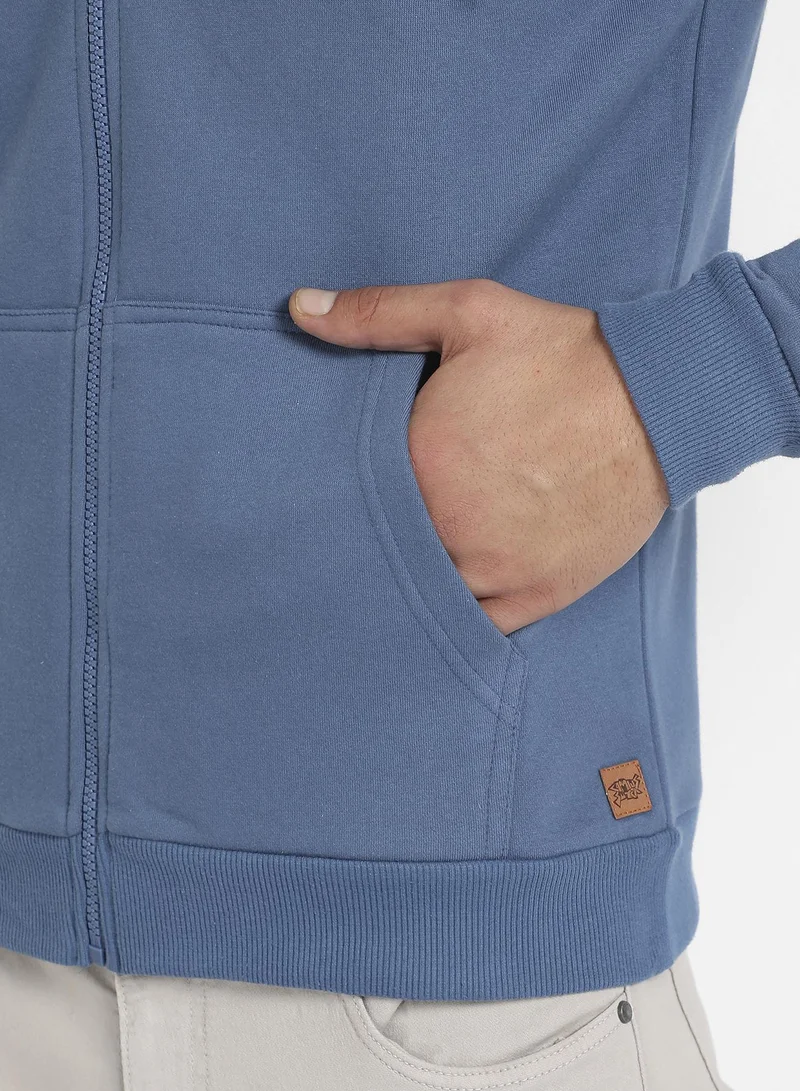 Campus Sutra Men's Azure Blue Zip-Front Hoodie With Contrast Drawstring