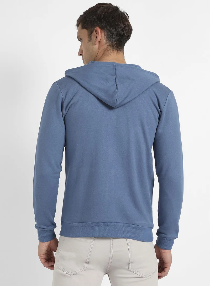 Campus Sutra Men's Azure Blue Zip-Front Hoodie With Contrast Drawstring