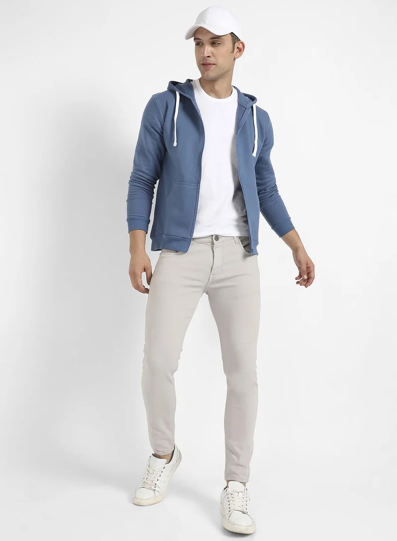 Campus Sutra Men's Azure Blue Zip-Front Hoodie With Contrast Drawstring